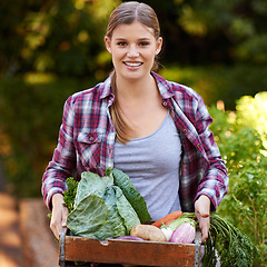 Image showing Happy woman, portrait and harvest with vegetables, crops or resources in agriculture, growth or natural sustainability. Female person or farmer with smile, plants and organic veg for fresh produce