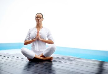 Image showing Meditation, health and woman with exercise outdoor for spiritual, mental and body wellness on patio. Balance, yoga and female person in lotus pose with prayer hands for pilates workout for peace.