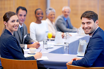 Image showing Boardroom, portrait and employees with smile in meeting for business for discussion of stock market. Directors, women and male people in collaboration for strategy in sales, networking and talk