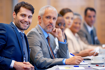 Image showing Boardroom, portrait and directors with smile for teamwork in meeting for discussion of stock market. Employees, women and male people in collaboration for strategy in sales, networking and talk