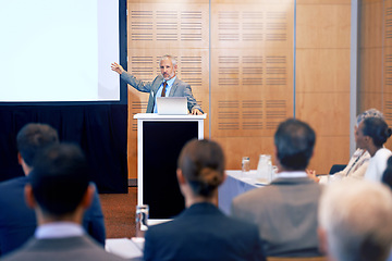 Image showing Senior, businessman and spokesperson with presentation on projector for meeting, seminar or conference at office. Man, CEO or speaker talking on podium to group or corporate audience at workshop