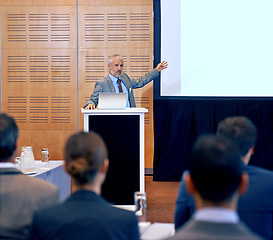 Image showing Senior, businessman and speaker with presentation on projector for meeting, seminar or conference at office. Man, CEO or spokesperson talking on podium to group or corporate audience at workshop