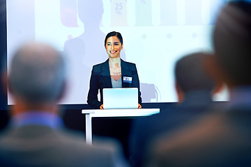 Image showing Business woman, smile and presentation with projector screen, conference or workshop with laptop for slideshow. Corporate training, seminar and speaker with info, audience and professional speech