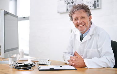 Image showing Senior man, doctor and smile portrait in office for healthcare, medical support and medicine career for administration. Mature, face or health expert with confidence or happy for cardiology in clinic