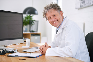 Image showing Mature man, doctor and smile portrait in office for healthcare, medical support and medicine career for administration. Senior, face or health expert with confidence or happy for cardiology in clinic