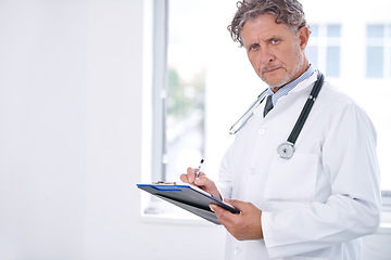 Image showing Medical, portrait and mature doctor with a checklist for healthcare, insurance or results of test. Clinic, exam and surgeon with paperwork folder for hospital and question information for document