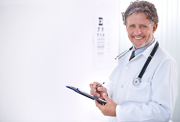 Image showing Happy, optometrist and portrait of doctor in eye exam with a checklist for healthcare, insurance or results of test. Clinic, paperwork or man in hospital with question of information for document