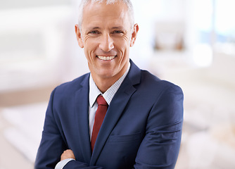 Image showing Confidence, portrait and mature businessman, ceo or senior manager at corporate startup office. Leader, smile and happy face of business owner, boss or entrepreneur at professional agency with pride