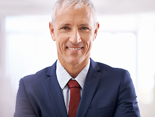 Image showing Smile, portrait and mature businessman, politician or senior manager at government office. Leadership, confidence and happy face of business owner, professional or entrepreneur at agency with pride