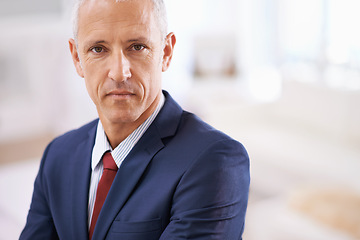 Image showing Office, portrait and mature businessman, serious ceo or senior manager at corporate startup. Mockup space, confident and face of business owner, boss or entrepreneur at professional agency with pride