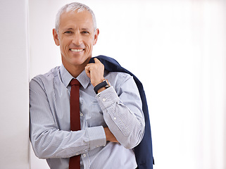 Image showing Portrait, senior or happy businessman in office with jacket, fashion and corporate, style or confidence. Smile, face or elderly male ceo at startup with positive mindset, cool or smart outfit choice