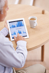 Image showing Tablet screen, hand pointing or senior businessman with graph, chart or budget, invest or review in office. Finance, research or accountant show digital savings, timeline or data analytics app
