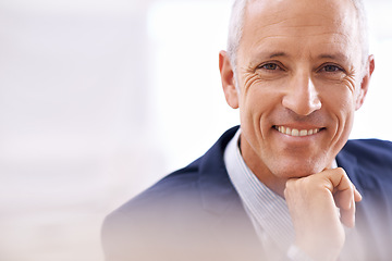 Image showing Senior, portrait and happy businessman in office with career, goal or company pride with mockup. Face, space and elderly male executive smile with positive mindset, confidence or relax good mood