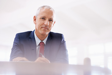 Image showing Business, portrait and senior man writing in office for planning, brainstorming or mind map. Face, checklist and elderly male creative director with notes for project, proposal or startup management