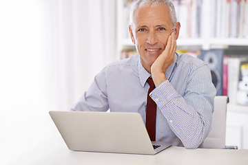 Image showing Laptop, portrait and happy senior businessman in office planning or checking email, review or social media feedback. Face, smile or old male executive with pc for online, research or communication