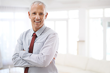 Image showing Portrait, man and business with arms crossed, smile or mockup space with lawyer in workplace. Face, mature person or entrepreneur with attorney or employee with startup or corporate with professional