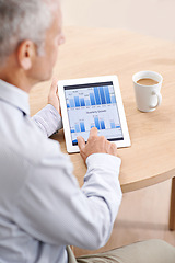 Image showing Tablet, screen or senior businessman with hand pointing to graph, chart or budget, savings or review in office. Finance, research or old accountant with digital app, timeline or data analytics
