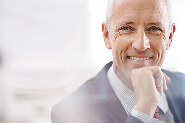 Image showing Businessman, portrait and happy senior in office with career, goal or company pride with mockup. Face, space and elderly male executive smile with positive mindset, confidence or agency and good mood