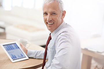 Image showing Portrait, charts and screen with man, tablet and business with internet and accountant with economy. Face, employee and broker with tech, app or investment with company profit or startup with finance