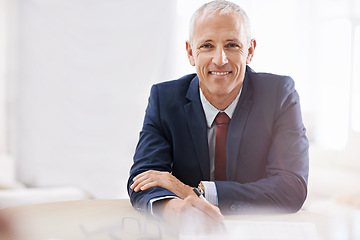 Image showing Office, confident and portrait of business man with smile for career, job and working at desk. Professional, startup agency and senior person with documents for company pride, face and planning