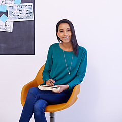 Image showing Woman, designer and happy portrait in office with notebook for creative drawing and animation planning. Cartoonist, entrepreneur and face of person with book for illustration, strategy and smile