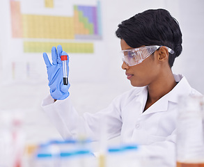 Image showing Blood, dna and scientist with test tube in laboratory for scientific experiment. Medical research, science and professional woman researcher with pharmaceutical rna in glass vial for medical study