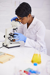 Image showing Doctor, microscope and scientist in laboratory for equipment, experiment and innovation. Science, technology and researcher or woman with medical research for sample analysis and bacteria testing