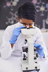 Image showing Woman, microscope and scientist in laboratory for research, experiment and innovation. Science, technology and researcher or doctor with medical equipment for sample analysis and bacteria testing