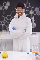 Image showing Science, crossed arms and portrait of woman in laboratory with sample for medical research, analysis and vaccine. Healthcare, pharmaceutical and professional person for medicine, experiment and study