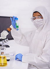 Image showing Science, laboratory and woman with sample in portrait for medical research, analysis and vaccine development. Healthcare, pharmaceutical and doctor with vial for medicine, experiment and study
