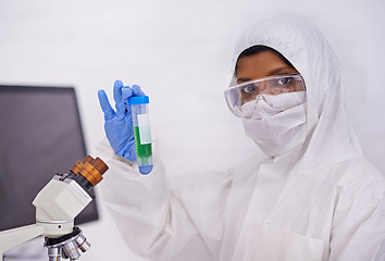 Image showing Science, laboratory and woman in portrait with test tube for medical research, analysis and vaccine development. Healthcare, pharmaceutical and doctor with vial for medicine, experiment and study