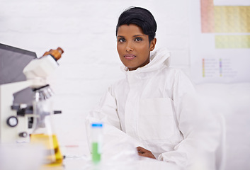 Image showing Science, doctor and portrait of woman in laboratory with sample for medical research, analysis and vaccine. Healthcare, pharmaceutical and professional person for medicine, experiment and study