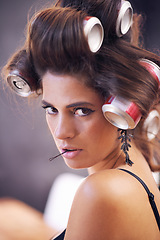 Image showing Glamour, curlers and woman with hair, portrait and creative for curling with cans for soda on head. Adult, girl and female person with confidence of style, texture and aesthetic for grooming tools