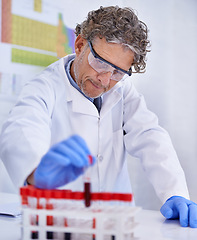 Image showing Scientist, blood and chemistry in laboratory, healthcare facility and results for medical research. Male person, science expert and doctor with sample for analysis, dna or forensic study in test tube