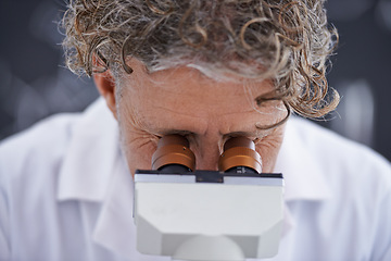 Image showing Science, healthcare and doctor in laboratory with microscope for research, test and results for medical career. Worker, lab technician and scientist with chemistry, analysis or particles for study