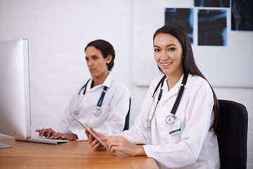 Image showing Doctor, tablet and woman portrait with research, hospital and tech in a clinic with healthcare and wellness. Lab, working and online with professional medical staff and physician worker at a job