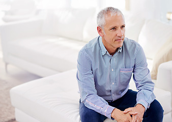 Image showing Senior, man and thinking or relax on sofa with daydreaming, retirement and wellness in living room. Elderly, person and face with idea, thoughtful and peaceful in lounge of apartment on the weekend