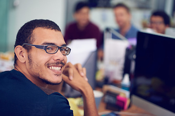 Image showing Man, portrait and computer as programmer in office for software development, information technology or game design. Male person, glasses and face at desk for digital browsing, networking or website