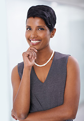 Image showing Confident, portrait and business woman, professional and smile for working in job as bookkeeper. Adult, female person and girl in workplace for accounting career in company, pride and corporate