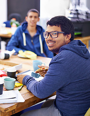 Image showing Businessman, portrait and lunch by desk in office with happiness for eating break, pizza and coworking company. Programmer, employee and face with glasses, fast food and coding team at workspace