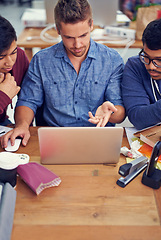 Image showing Business team, men and laptop on internet with discussion for deadline, pointing and coworking company. Programmer, collaboration and working on project with talking, planning or software development