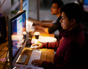 Image showing Male employee, dark and coder on computer, night and late evening for project or deadline. Screen, technology and web online for software programmer, internet and cyber with colleague in office