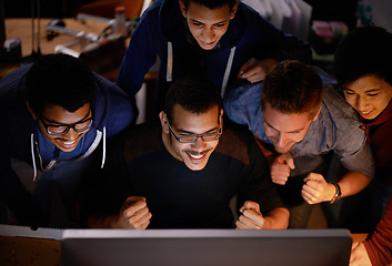 Image showing Group, men and cheering for game on screen, cyber sport and achievement or celebration in room. Happy, social with friends in night for victory, excitement with diversity people and technology