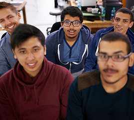 Image showing Group, surprise and portrait of men together watching sports match in university library. Fans, diversity and young male students streaming a football game together with shock in college dorm.