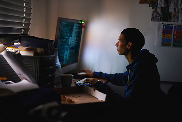 Image showing Night, gamer and man with computer, typing and rpg player with esports and programmer with nerd and geek. Person, home and guy with pc and online competition with dark room and internet with network