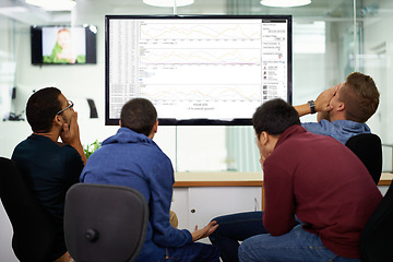 Image showing Group, stress and men on computer in office reading coding data, information or research. Frustrated, technology and team of male programmers working on project with crisis on computer in workplace.