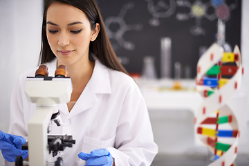 Image showing Medical, microscope and scientist in laboratory for research, chemistry and innovation for scientific career. Woman, worker and expert with dna model, sample and analytics of molecule for experiment