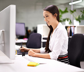 Image showing Woman, office and computer as graphic designer with smile for work with stylus pen, drawing tablet and online ideas. Female person, pc and internet or website to search for creative artwork