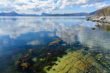 Image showing Serene fjord vista with crystal clear waters reflecting a cloud-