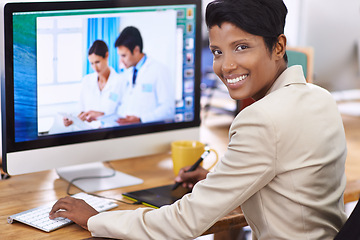 Image showing Black woman, portrait and editor worker at computer with a smile and ready for digital photo editing. Tech, desk and professional with online job and confidence from company and creative career